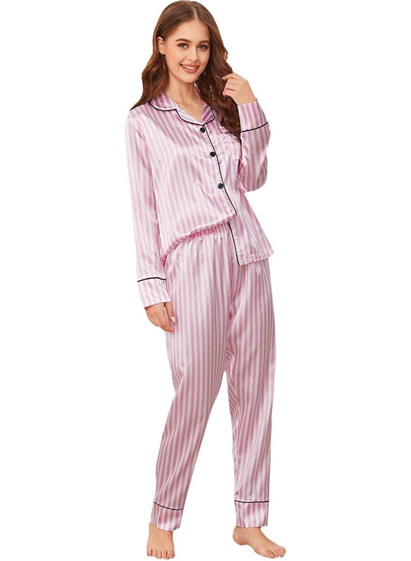 Sweet Cathy Satin Sleepwear Silky Pajamas Long Sleeve Button Top And Pants Striped PJ Set - Image 1
