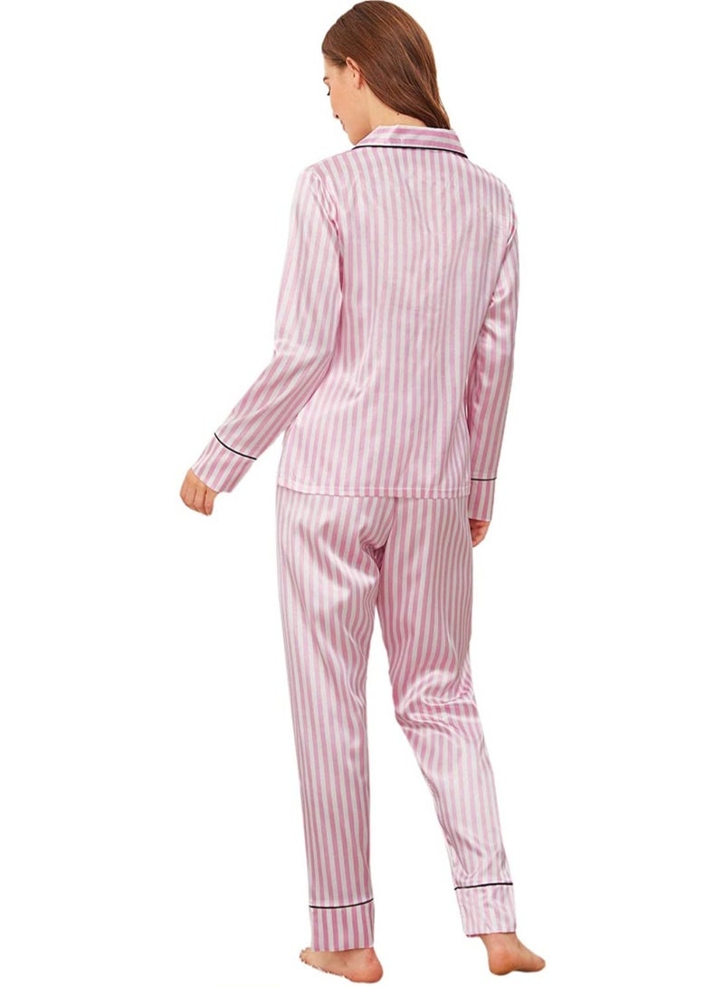 Sweet Cathy Satin Sleepwear Silky Pajamas Long Sleeve Button Top And Pants Striped PJ Set - Image 2