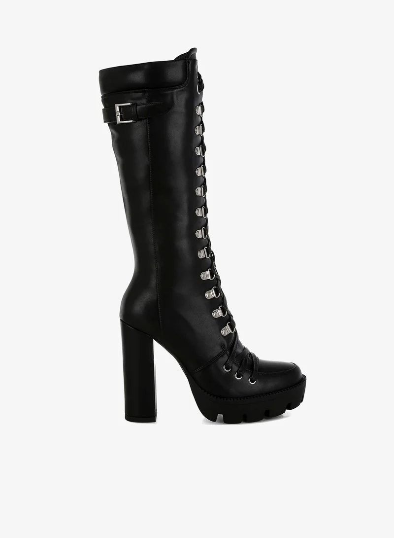 Black Cushion Collared Lace Up Boots