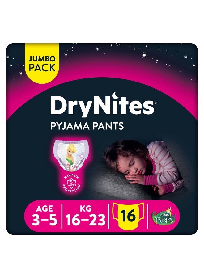 HUGGIES DryNites Pyjama Pants, 3-5 Years, 16-23Kg, Bed Wetting Diapers For Girls, Jumbo Pack of 16’s