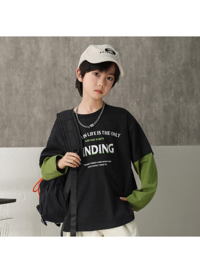 Luson Chen Dazhu Boys' Fake Two-piece Long Sleeve T-shirt Autumn  New Middle And Big Kids Cotton Base Shirt - Image 3