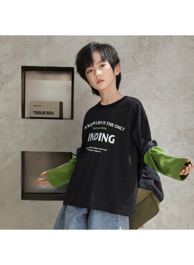 Luson Chen Dazhu Boys' Fake Two-piece Long Sleeve T-shirt Autumn  New Middle And Big Kids Cotton Base Shirt - Image 2