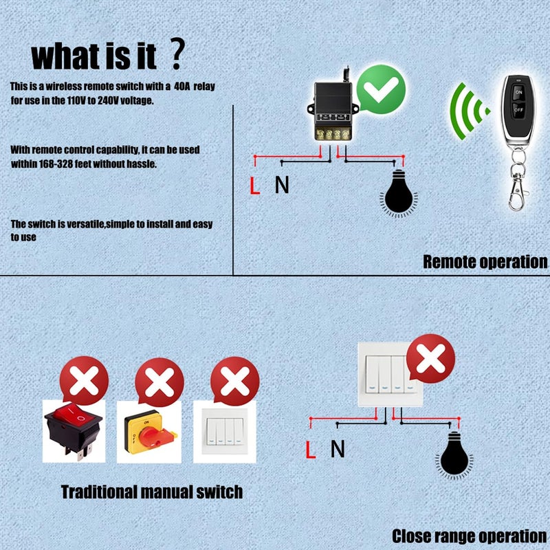 donjon VONVOFF Wireless Remote Switch,AC110V/120V/240V/ 30A Relay RF Remote Control Light Switch with 328ft Long Range,Wireless ON/Off Switch kit for Pump lamp,Motor,Fan,Security Systems,Light,Garage Door. - Image 3