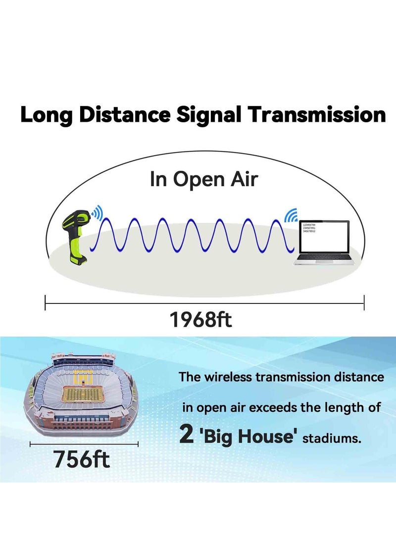 Handheld Upgraded 1D 2D QR Code Code Industrial Barcode Scanner with Wireless Charging Stand 1968 Feet Transmission Distance 433Mhz Wireless and Bluetooth 2in1 Shock Dust Proof Hands Free Green - Image 5