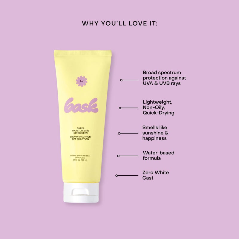 Bask Suncare SPF 50 Sheer Moisturizing Sunscreen Lotion - Broad Spectrum UVA/UVB Protection, Dermatologist Recommended, Hydrating, Lightweight & Non-Greasy, No White Cast, Travel Size, 3.4 fl oz - Image 4