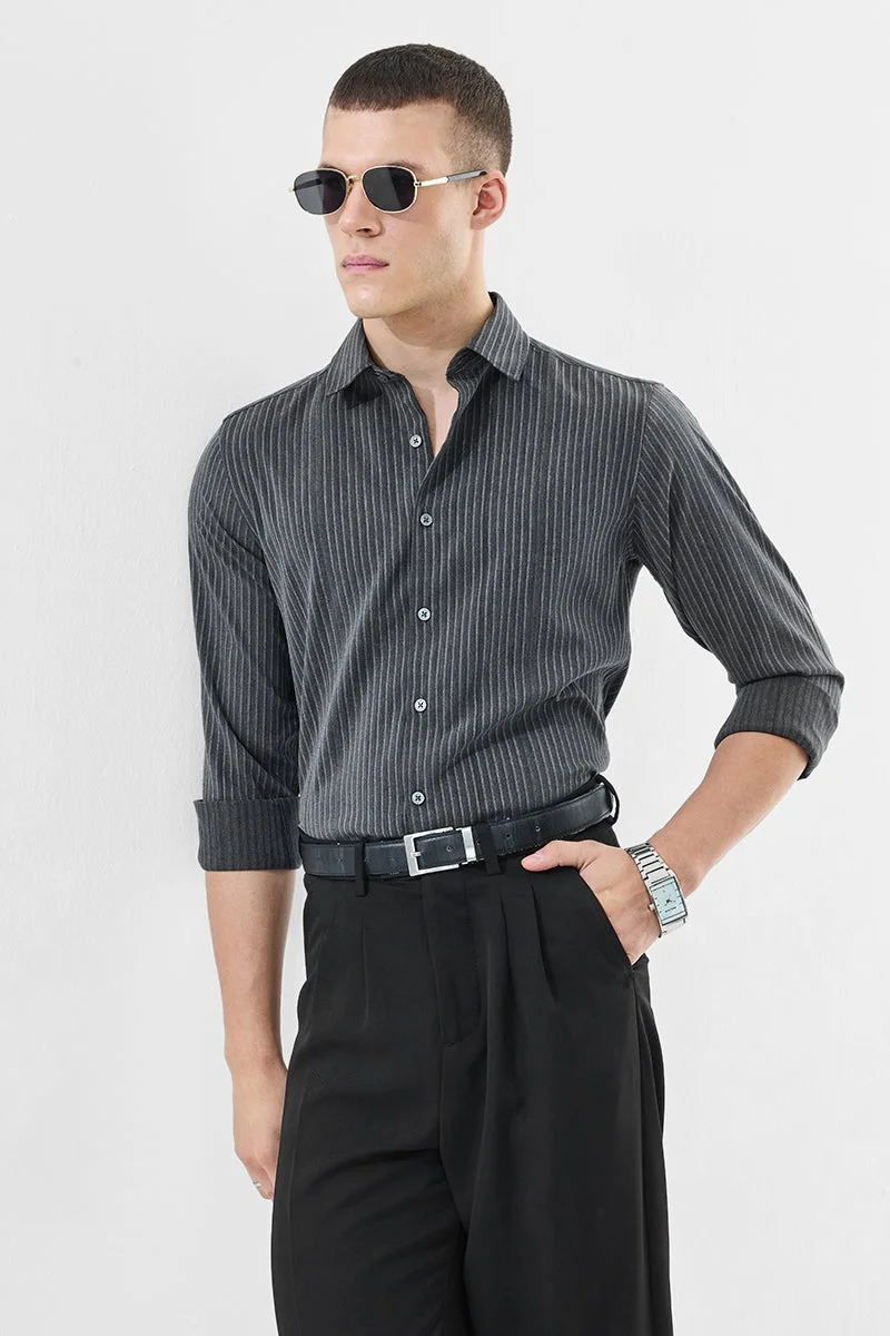 SNITCH Dark Grey Striped Long Sleeve Slim Fit Formal Luxe Shirt