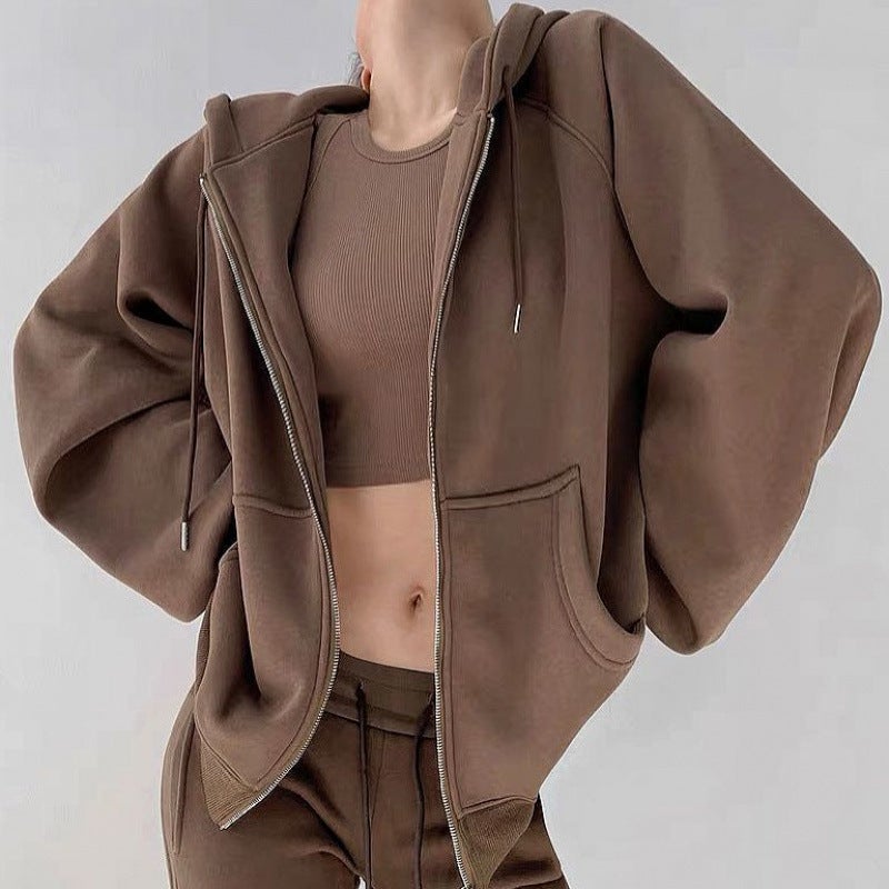 Heavy Pilling Sweater Womens fleece-lined Thickened Loose Casual Slimming Hooded Zipper Jacket Cardigan Brown-version [spring and autumn] 