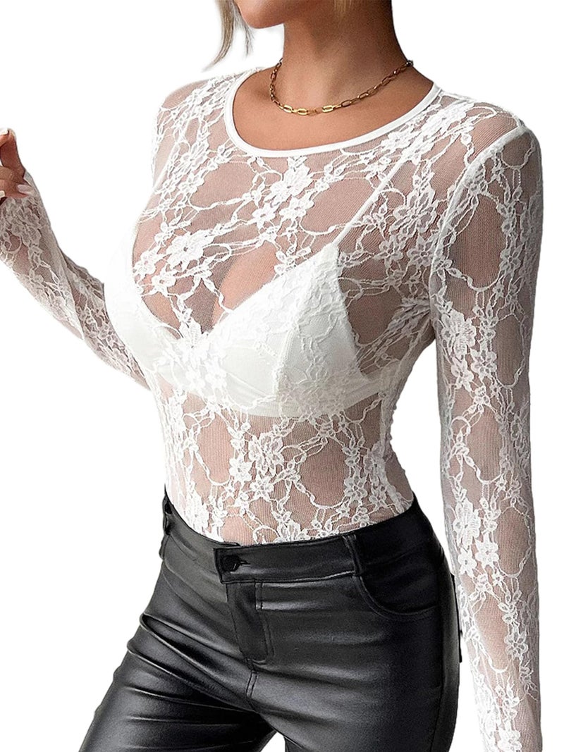OFEEFAN Womens Tops Women's Clothing Summer Sexy Top Vacation Outfits White Going Out Tops See Through Country Concert Outfits Western Fall Clothes 2026 Fashion Crewneck Blouses Lace Fitted Dressy S - Image 2