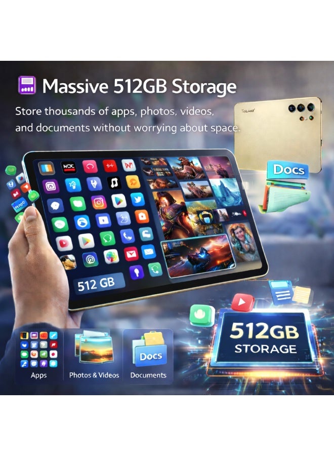 Telzeal P202 Tablet – Gold (12GB RAM, 512GB ROM), 11” HD Display, 10000mAh Battery, 20MP Rear Camera, Dual SIM, Android 15, Keyboard & Mouse Included - Image 5