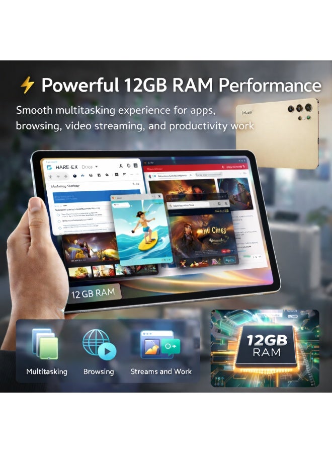 Telzeal P202 Tablet – Gold (12GB RAM, 512GB ROM), 11” HD Display, 10000mAh Battery, 20MP Rear Camera, Dual SIM, Android 15, Keyboard & Mouse Included - Image 3