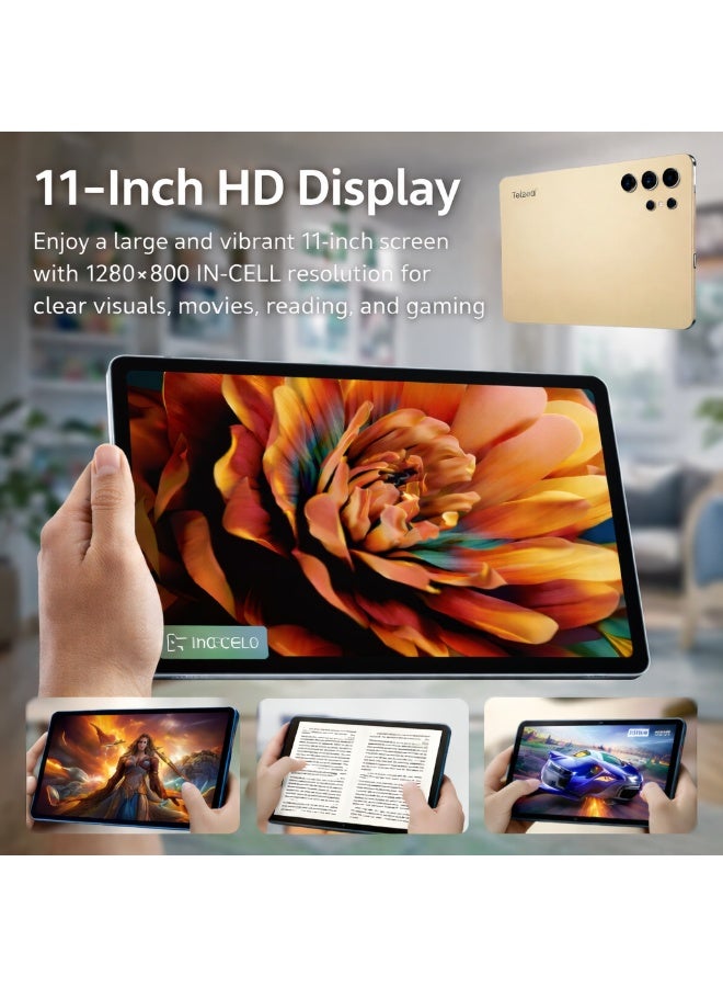 Telzeal P202 Tablet – Gold (12GB RAM, 512GB ROM), 11” HD Display, 10000mAh Battery, 20MP Rear Camera, Dual SIM, Android 15, Keyboard & Mouse Included - Image 2