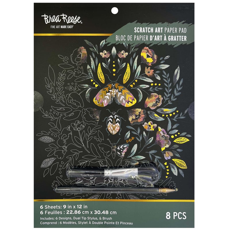 Brea Reese Scratch Art Paper Pad Fall Florals 6 Designs Guided Art Metallic Accents Stylus Brush Perforated 9x12 Pages DIY Adult Craft - Image 3