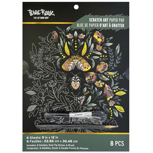 Brea Reese Scratch Art Paper Pad Fall Florals 6 Designs Guided Art Metallic Accents Stylus Brush Perforated 9x12 Pages DIY Adult Craft - Image 1