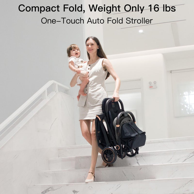 Gromast Gravity Folding Baby Stroller - Portable Travel Toddler Stroller w/Adjustable Backrest, Canopy, Footmuff & Cup Holder, Lightweight and UV Protected, One-Hand Automatic Folding - Dark Gray - Image 3