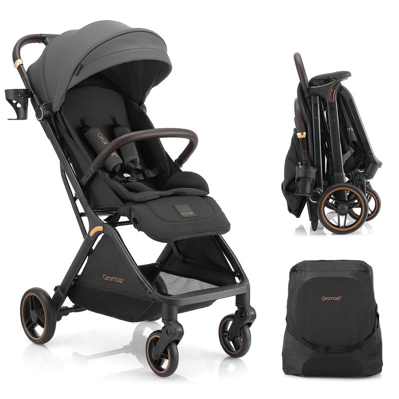 Gromast Gravity Folding Baby Stroller - Portable Travel Toddler Stroller w/Adjustable Backrest, Canopy, Footmuff & Cup Holder, Lightweight and UV Protected, One-Hand Automatic Folding - Dark Gray - Image 1