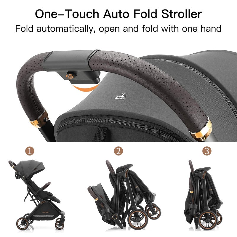Gromast Gravity Folding Baby Stroller - Portable Travel Toddler Stroller w/Adjustable Backrest, Canopy, Footmuff & Cup Holder, Lightweight and UV Protected, One-Hand Automatic Folding - Dark Gray - Image 2