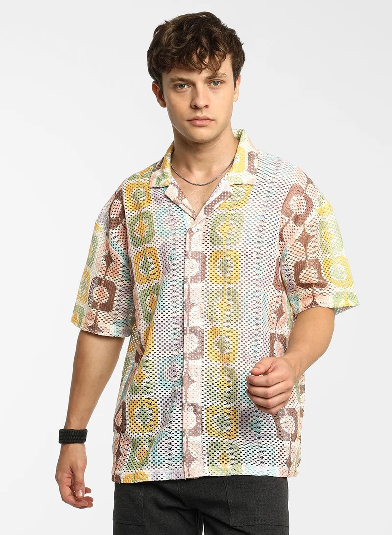 Campus Sutra Men's Lemon Yellow & Chocolate Brown Geometric Block Oversized Shirt