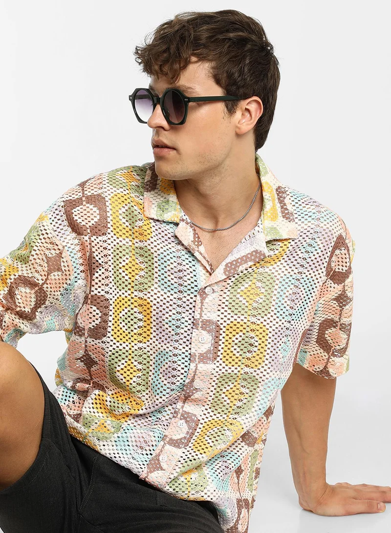 Campus Sutra Men's Lemon Yellow & Chocolate Brown Geometric Block Oversized Shirt
