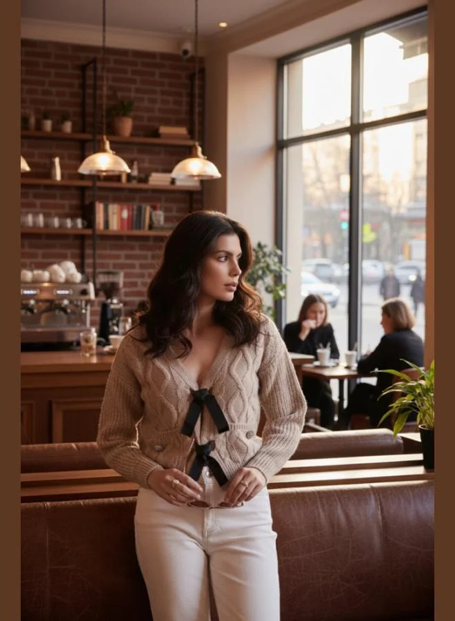 ليلا كارديجان نسائي محبوك بنقوش تفاصيل فيونكة وياقة على شكل حرف  بقصة عادية من ليلا بريميوم