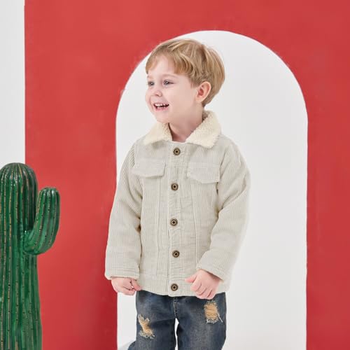 Volunboy Toddler Corduroy Jacket Boys Winter Coat Baby Boy Fall Sherpa Lined Button Down Warm Outwear (Beige, 2-3T) - Image 2