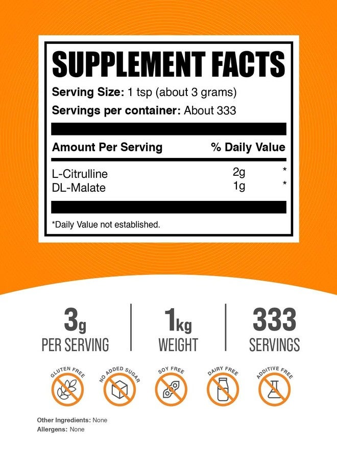 BulkSupplements.com L-Citrulline Malate 2:1 Powder - Nitric Oxide Boost, Citrulline Malate Supplement - Unflavored & Gluten Free - 3g per Servings, 1kg (2.2 lbs) (Pack of 1) - Image 2