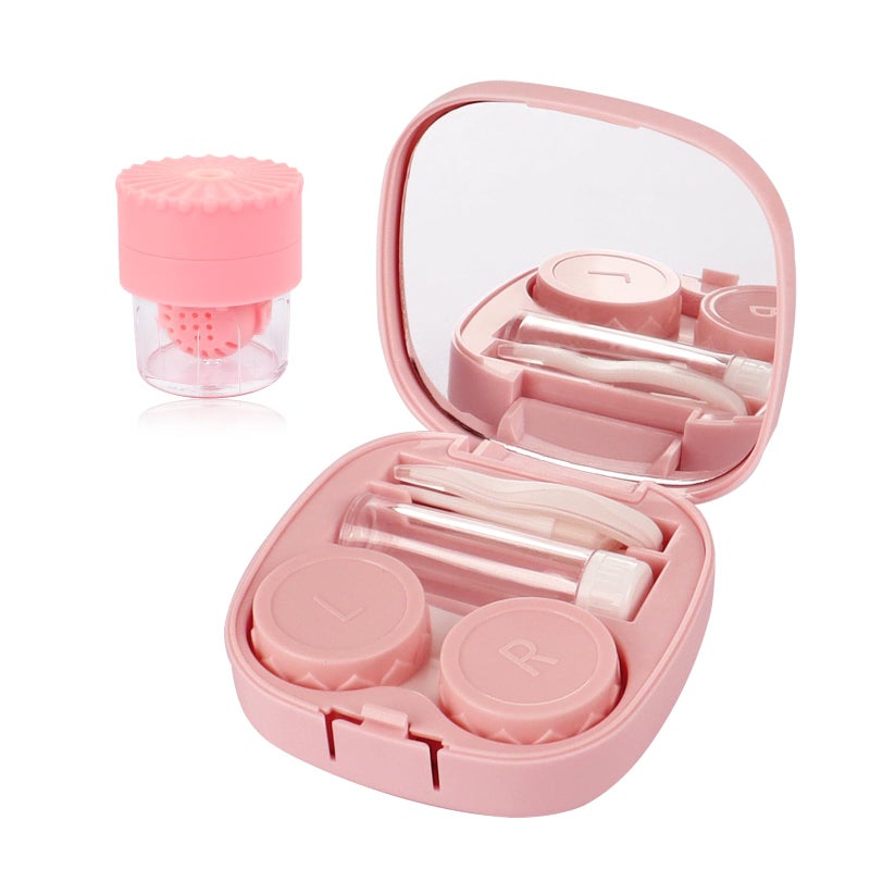 Hadoife Pink Contact Lens Case with Manual Cleaner Washer - 5-in-1 Portable Contact Lens Remover Tool, Includes Mirror, Tweezers, Remover Tool & Solution Bottle for Daily Outdoor Use - Image 1