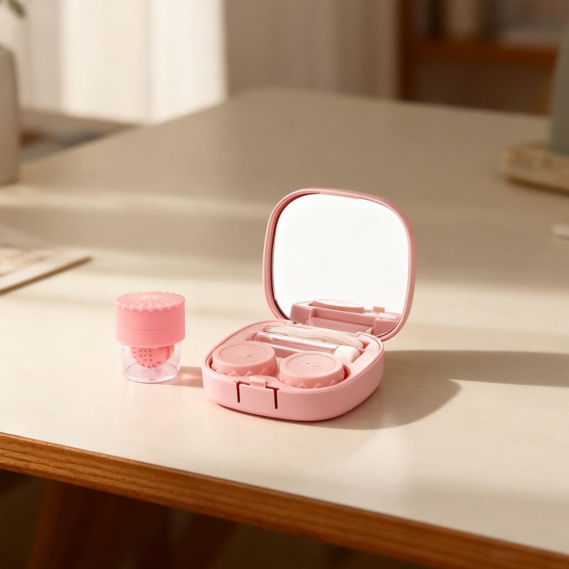 Hadoife Pink Contact Lens Case with Manual Cleaner Washer - 5-in-1 Portable Contact Lens Remover Tool, Includes Mirror, Tweezers, Remover Tool & Solution Bottle for Daily Outdoor Use - Image 2