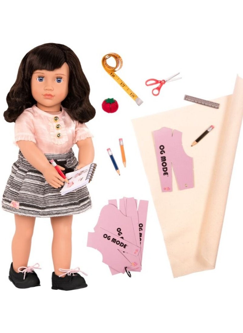 Our Generation Olinda -18 Inch Doll With Pale Blue Eyes And Shoulder-Length Black Hair Includes Doll, Outfit, Measuring Tape (18.5"), Sketch Book, 5 Pattern Boards, And Design Accessories  - Image 1