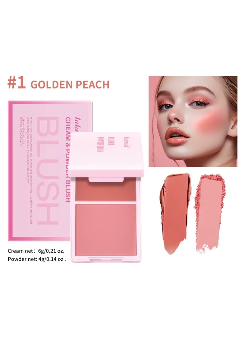lakerain بلشر كريمي وبودرة 2 في 1 بلشر كريمي لونه جريء يدوم طويلاً مقاوم للماء والعرق لوحة بلشر سلسة ثنائية اللون خوخي ذهبي 01 - Image 2