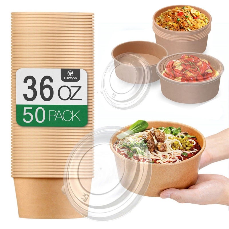 TOPtoper 36Oz 50Pcs Large Paper Bowls with Lids, Disposable Soup Serving Bowls Bulk Party Supplies for Hot/Cold Food, Soup (36 OZ) - Image 1