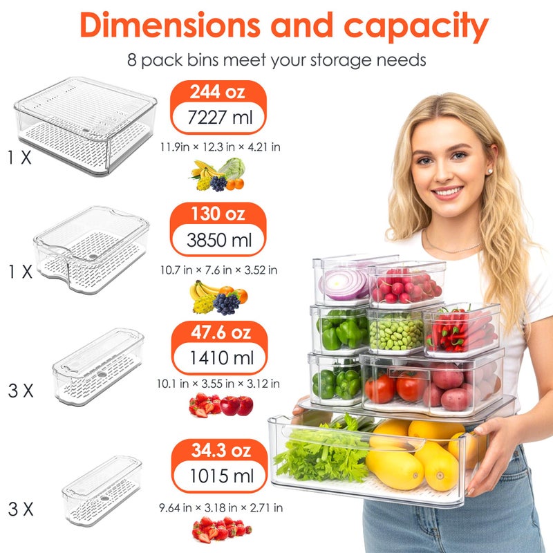 SMRCAD Fridge Organizers and Storage, 8 Pack Clear Freezer Organizer Bins with Lids for Kitchen, Pantry, Refrigerator, Food, Fruit, Vegetable Storage (8 Bins (Include Pull-out Drawer)) - Image 3