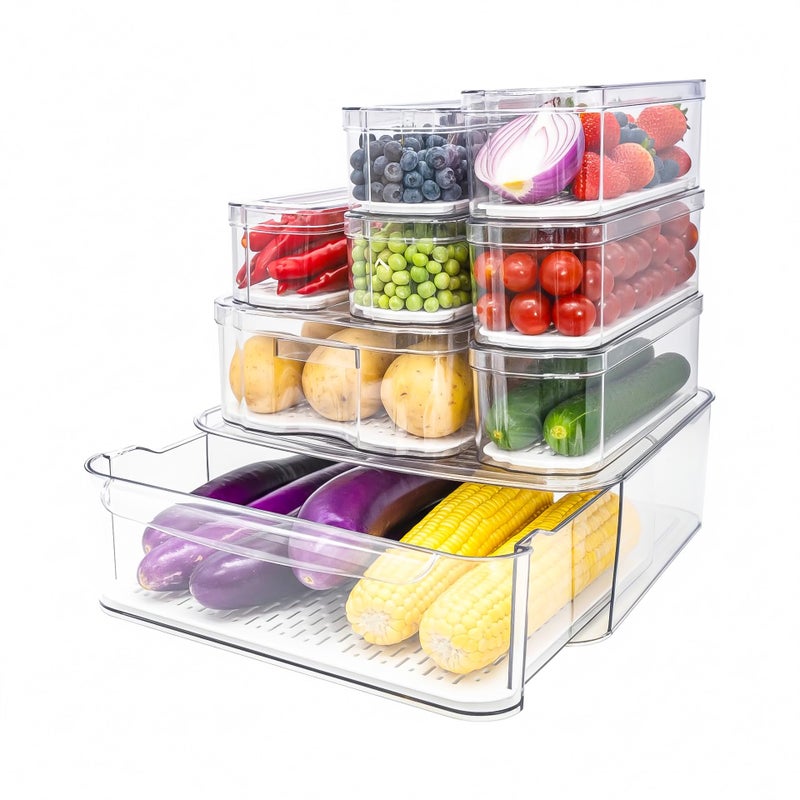 SMRCAD Fridge Organizers and Storage, 8 Pack Clear Freezer Organizer Bins with Lids for Kitchen, Pantry, Refrigerator, Food, Fruit, Vegetable Storage (8 Bins (Include Pull-out Drawer)) - Image 1