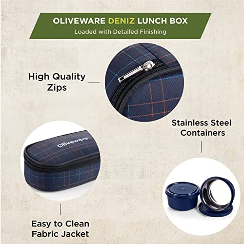 SOPL-OLIVEWARE Deniz Lunch Box, 2 Inner Steel Containers (450 ml Each), Leak Proof & Microwave Safe, Insulated Fabric Bag, Full Meal & Easy to Carry (Blue) - Image 3