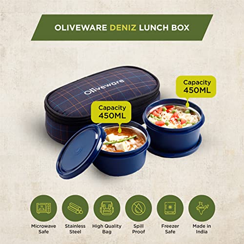 SOPL-OLIVEWARE Deniz Lunch Box, 2 Inner Steel Containers (450 ml Each), Leak Proof & Microwave Safe, Insulated Fabric Bag, Full Meal & Easy to Carry (Blue) - Image 2