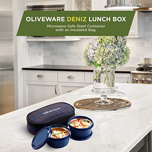 SOPL-OLIVEWARE Deniz Lunch Box, 2 Inner Steel Containers (450 ml Each), Leak Proof & Microwave Safe, Insulated Fabric Bag, Full Meal & Easy to Carry (Blue) - Image 4
