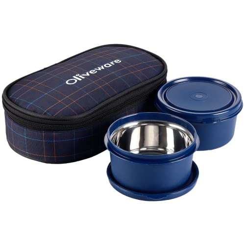 SOPL-OLIVEWARE Deniz Lunch Box, 2 Inner Steel Containers (450 ml Each), Leak Proof & Microwave Safe, Insulated Fabric Bag, Full Meal & Easy to Carry (Blue) - Image 1