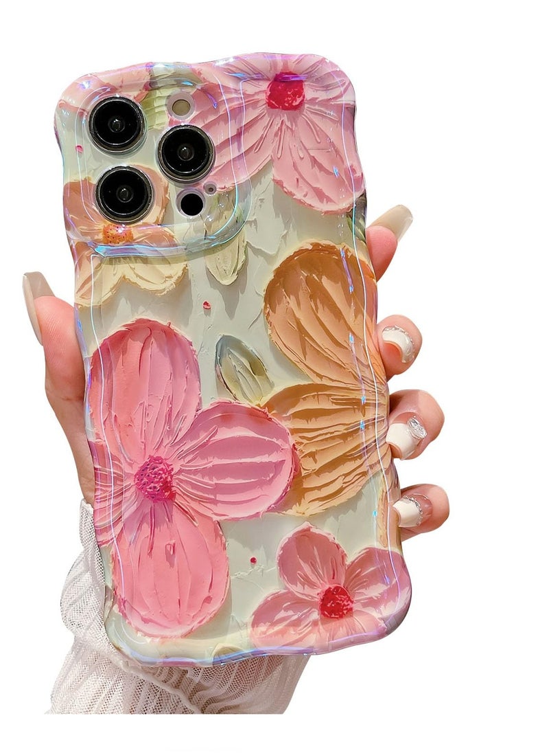 SYOSI C for iPhone 15 Pro Max Case, Colorful Retro Oil Painting Flower  Curly Wave Border Floral Case for Women Girls, Camera Protection Soft Shockproof Cover Case for iPhone 15 Pro Max - Pink  - Image 1