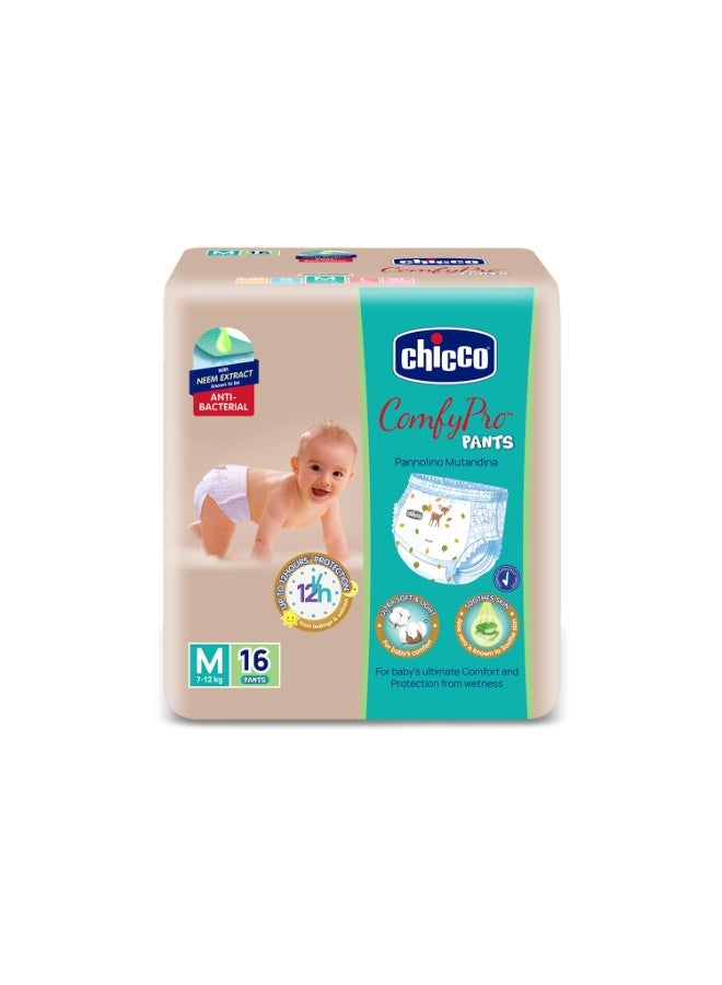 Chicco Comfy-Pro Pant Style Baby Diapers | Anti-bacterial benefits | Ultra Soft & 12hrs protection | Wetness indicator & Disposing Tapes - Medium, 16 Count, 7-12 Kg - Image 1