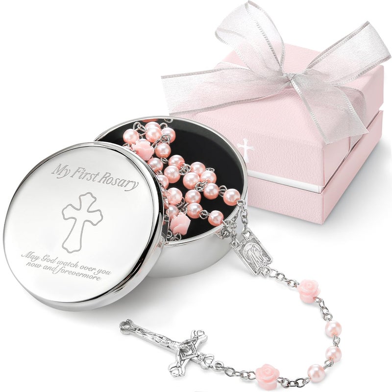 My First Rosary Gift Set with Silver-Plated Keepsake Box - Pink Rosary for Girls - Image 1