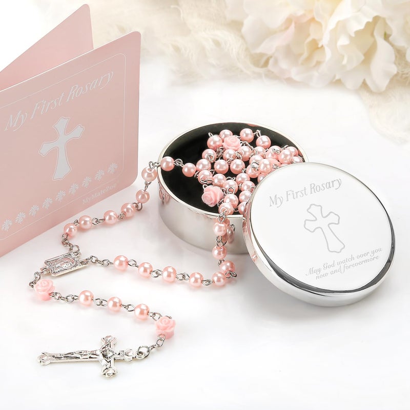My First Rosary Gift Set with Silver-Plated Keepsake Box - Pink Rosary for Girls - Image 2