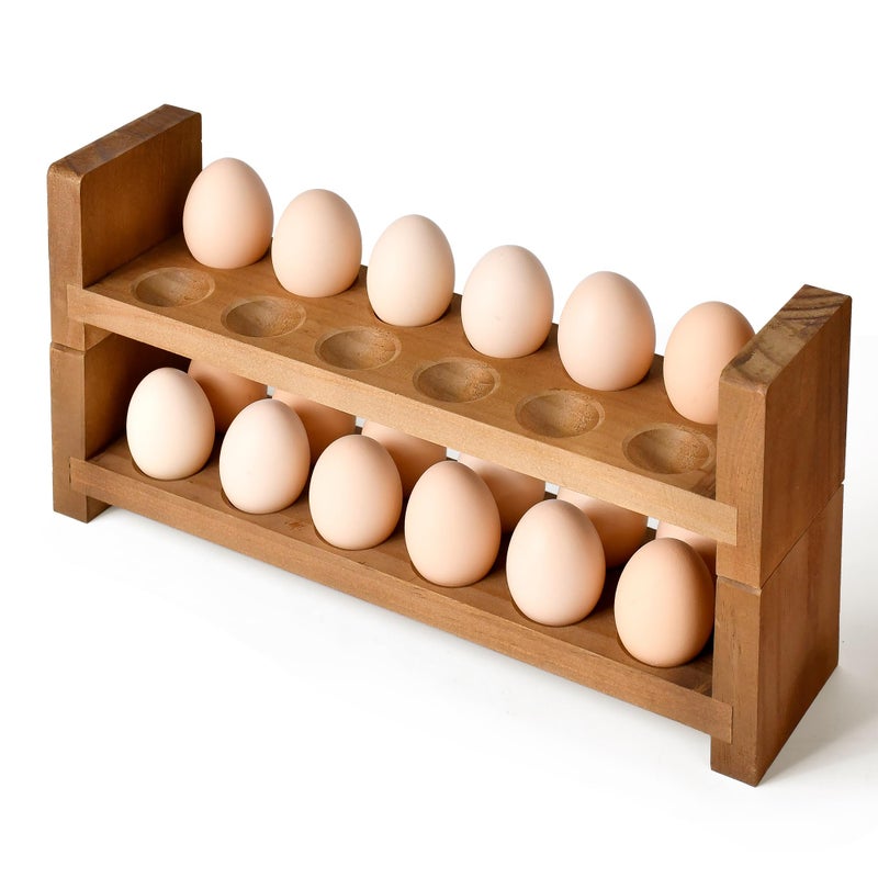 Sishynio Double Layer Egg Tray Holder Countertop - Wooden Fresh Egg Rack Stackable Storage Basket, 2 Tier Egg Organizer for Farmhouse Kitchen Refrigerator - Image 1