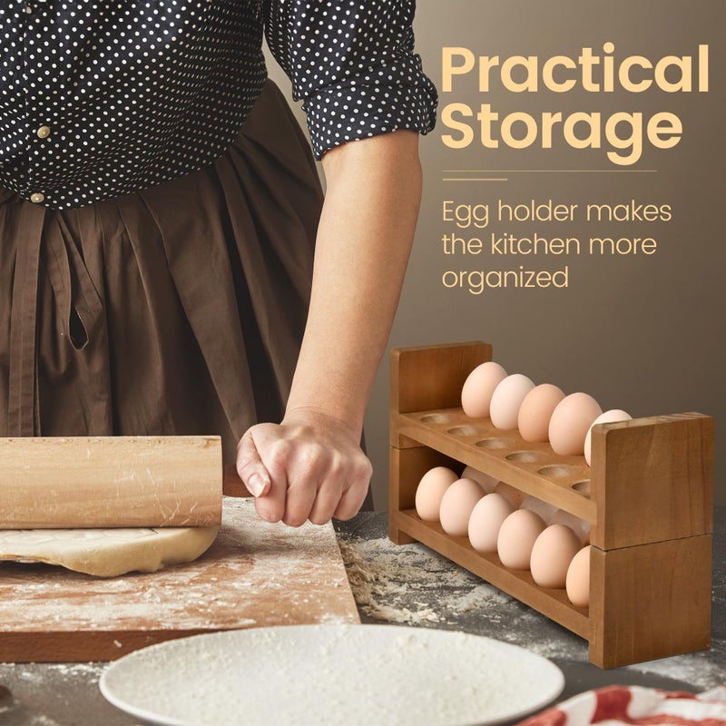 Sishynio Double Layer Egg Tray Holder Countertop - Wooden Fresh Egg Rack Stackable Storage Basket, 2 Tier Egg Organizer for Farmhouse Kitchen Refrigerator - Image 5