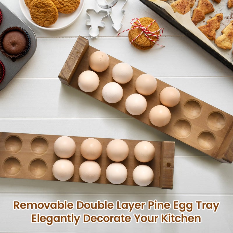Sishynio Double Layer Egg Tray Holder Countertop - Wooden Fresh Egg Rack Stackable Storage Basket, 2 Tier Egg Organizer for Farmhouse Kitchen Refrigerator - Image 4