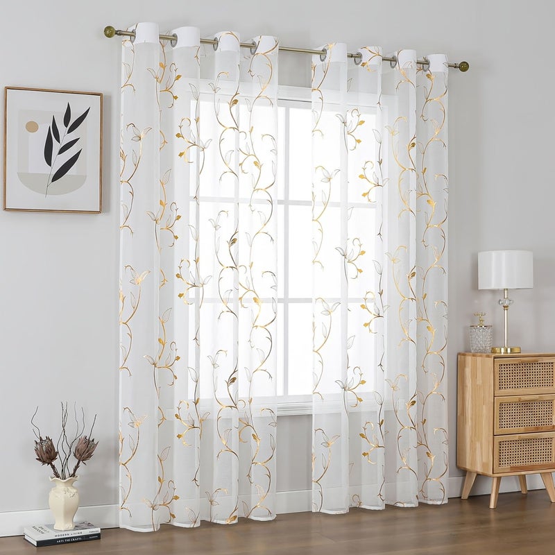 2 Piece 150x213 Curtains With Gold Foiled Vine Leaf Branches White Semi Transparent Gauze Curtains For Living Room Bedroom Kitchen Decor With Metal Rings - Image 3