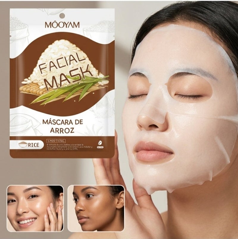 Rice Facial Sheet Mask for Deep Hydration, Intense Smoothing & Instant Radiance - Brightening & Nourishing Rice Essence Complex for All Skin Types