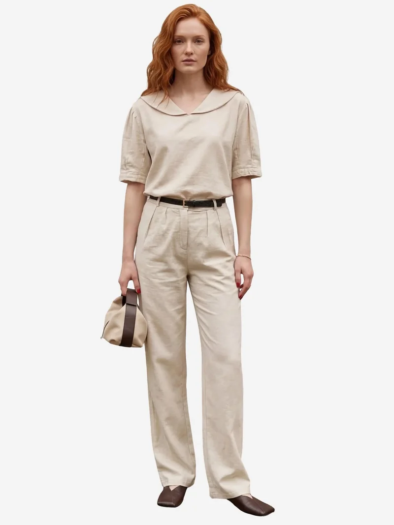 MY FASHION Beige Natural MY FASHION Shawl Collar Buttoned Two-Piece Coord Set for Women | Best Price UAE