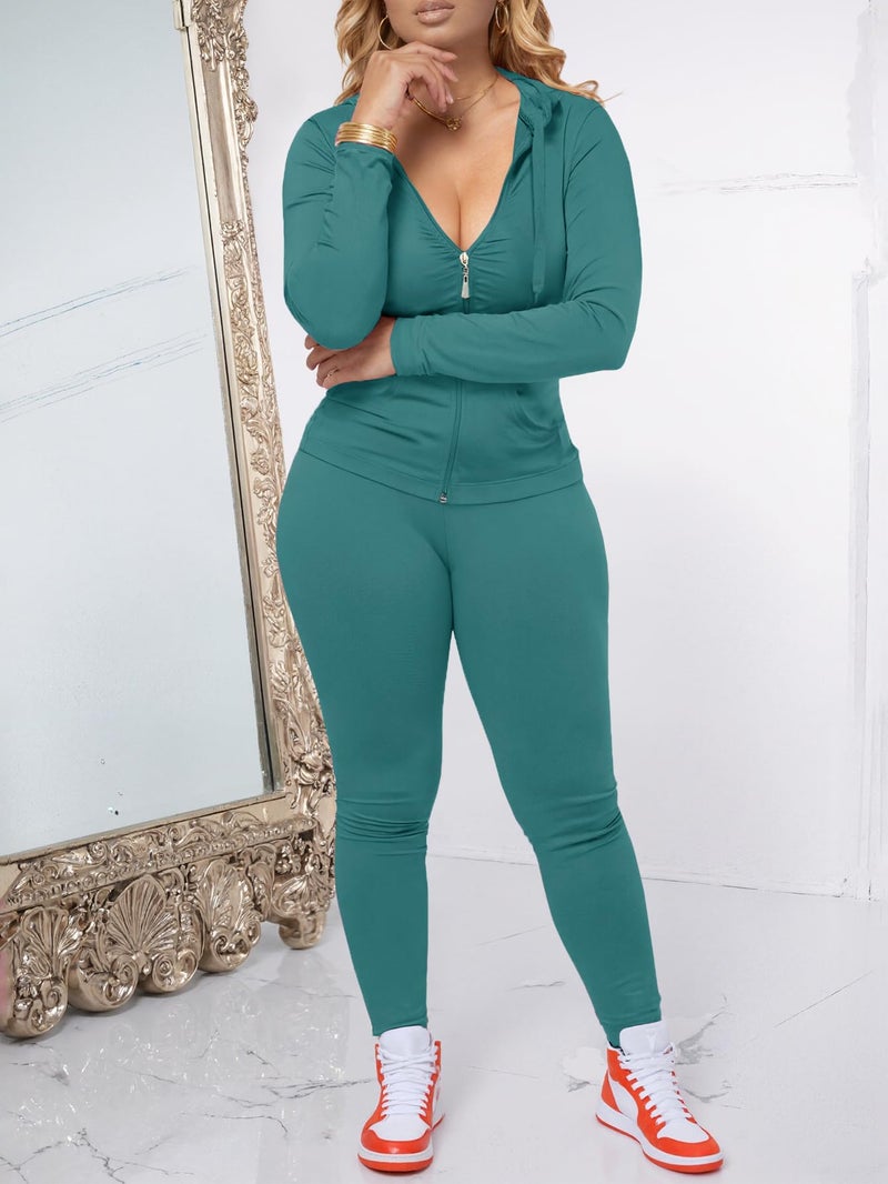 AUXDIO Women 2 Piece Outfits Casual Workout Sets Bodycon Tracksuit Zip Up Long Sleeve Hoodle Jacket Jogger Pants Set Blue L - Image 5