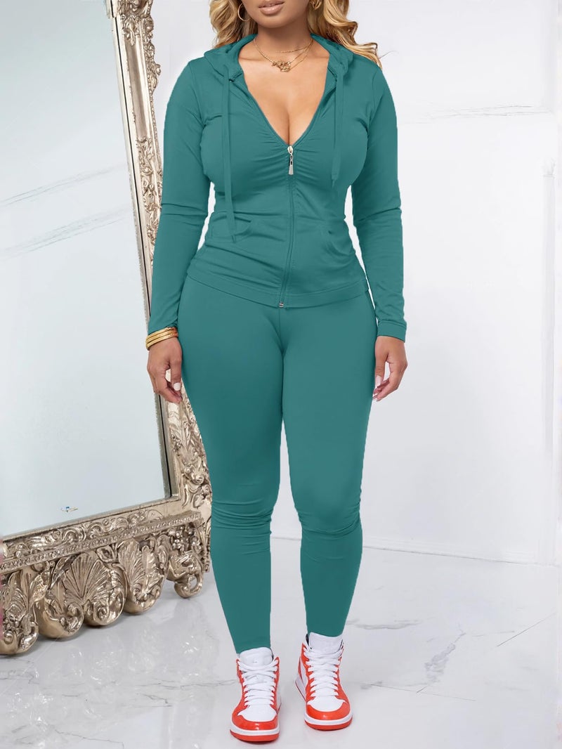 AUXDIO Women 2 Piece Outfits Casual Workout Sets Bodycon Tracksuit Zip Up Long Sleeve Hoodle Jacket Jogger Pants Set Blue L - Image 2