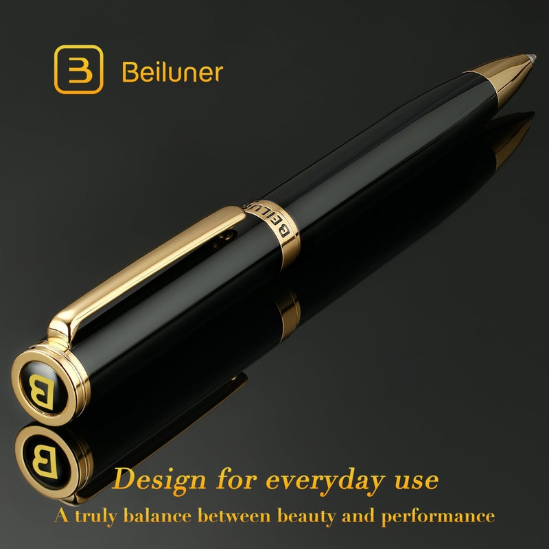 BEILUNER Luxury Gel Pen with 24K Gold Finish, Black Piano Lacquer, Luxury Grade Craftsmanship, Best Pen Gift Set for Men and Women, Professional, Executive, Office, Retractable Nice Pens - Image 2