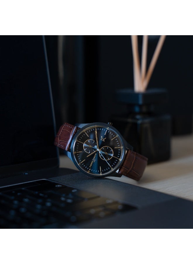 PIERRE CARDIN CBA.4028 MEN'S LUXURY TIMEPIECE - BLACK DIAL & BROWN LEATHER BAND - Image 3